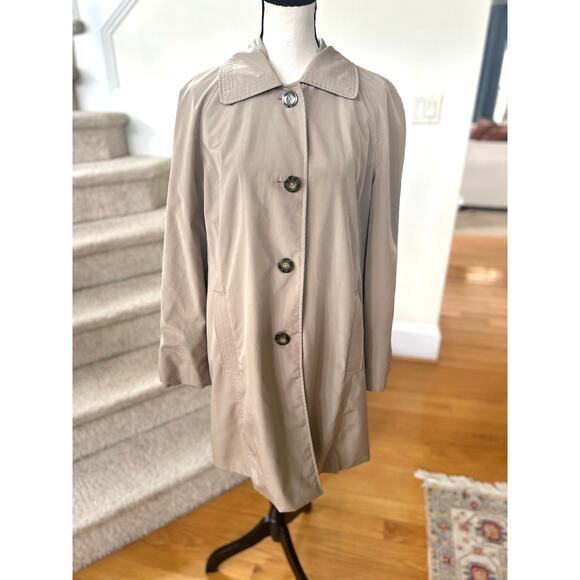 London Fog Tan Khaki Button Front Black Plaid Lined Trench Coat - Picture 1 of 8